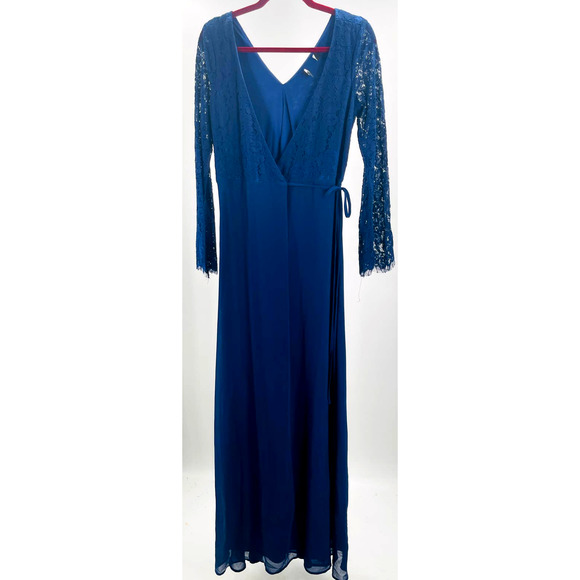 LULU'S SZ L Utterly In Love Navy Blue Lace Long Sleeve Maxi Wrap Dress NEW B74 - Picture 3 of 10